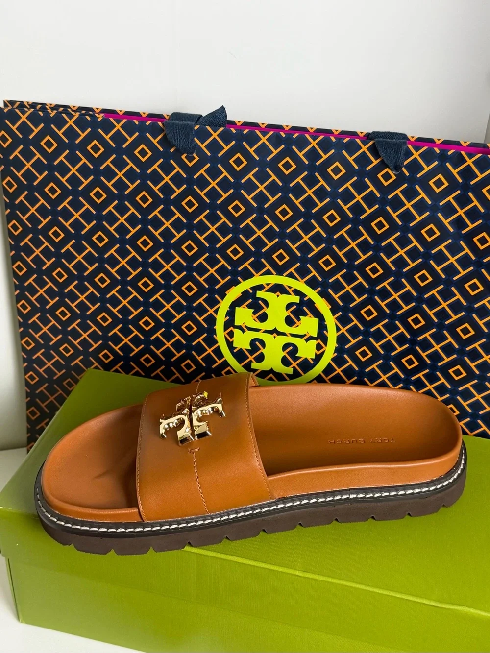 Tory Burch Tan Leather Slide with Gold Logo